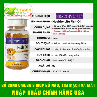 Healthy Life Fish Oil Viên Uống Dầu Cá Bổ Sung Omega 3 DHA EPA tốt cho tim mạch não bộ và mắt | Nhập khẩu Mỹ