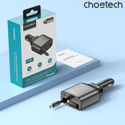 Tẩu sạc ô tô 105W Choetech TC0033 tích hợp cáp sạc rút có màn hình LED hiển thị thông số - Hàng chính hãng