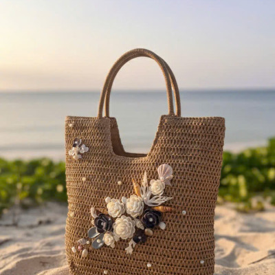 Giỏ Cói Giấy Mềm Dáng Tote Gắn Vỏ Sò, Giỏ Cói Tote Lan Châu ACC142