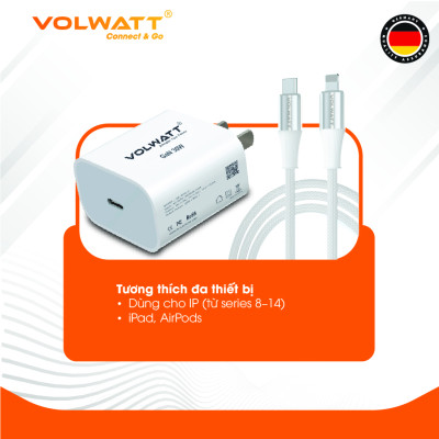 Bộ củ cáp sạc siêu nhanh Volwatt GE-30-SCL 30W GaN hàng chính hãng | Adapter PD Type-C + Cáp Type-C to L 1m, BH 12 tháng