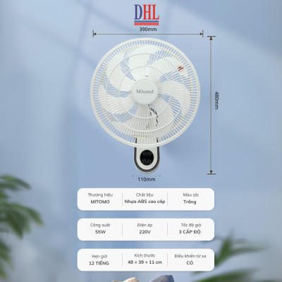 Quạt treo tường FTT-60AEC-D39W có remote, công suất 60W, hẹn giờ thông minh lên đến 12 tiếng - hàng chính hãng Bảo hành 2 năm