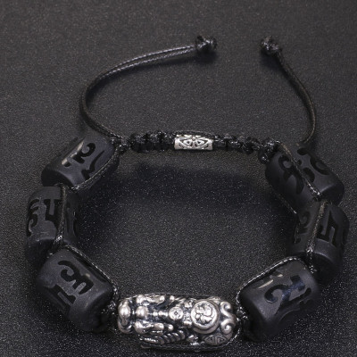 Vòng tay đá obsidian đốt trụ lục tự đại minh chú mix tỳ hưu bạc 16x12mm mệnh thủy, mộc - Ngọc Quý Gemstones