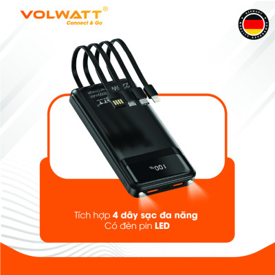 Pin sạc dự phòng Volwatt GE-10K5 hàng chính hãng | 10.000mAh, Sạc nhanh 22.5W, Tích hợp 4 dây (Type-C/L/Micro/USB-A), LED, Đèn