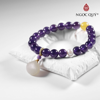 Vòng tay đá thạch anh tím & ngọc trai mix charm vỏ sò mệnh hỏa. thổ - Ngọc Quý Gemstones