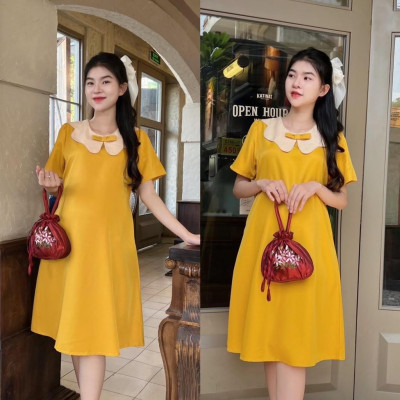 Đầm bầu công sở cổ sen phối nơ chất cotton lạnh phom suông gọn dáng thanh lịch