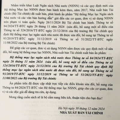 Hệ Thống Mục Lục Ngân Sách Nhà Nước (Đã được sửa đổi theo thông tư số 84/2024/TT-BTC ngày 26 tháng 11 năm 2024) 