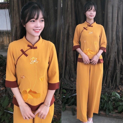 ĐỒ LAM ĐI CHÙA  Mầu Đài Loan Thêu Hoa Sen