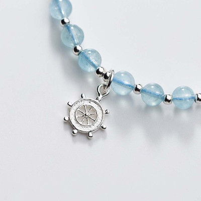 Vòng tay đá Aquamarine phối charm bánh lái mệnh thủy, mộc - Ngọc Quý Gemstones