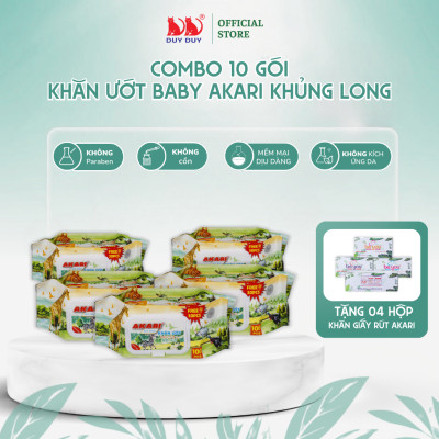 Combo 10 gói Khăn ướt Akari khủng long vải không dệt rayon cao cấp 130 miếng (13.5x20cm) không paraben dành cho bé