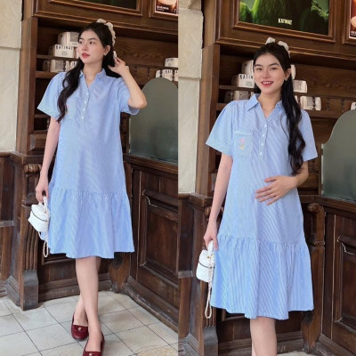 Đầm Bầu Công Sở Cổ Sơ Mi Phối Túi Thêu Phom Đuôi Cá Dễ Thương