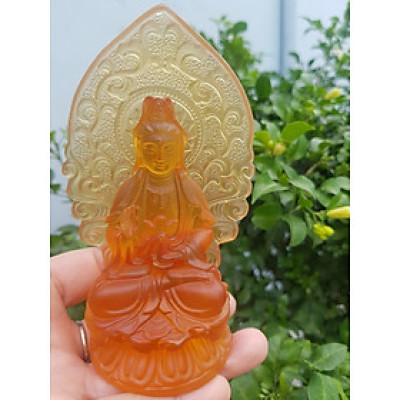 Tượng Phật Quan Âm Đá Lưu Ly Vàng Mới để trong xe hơi hoặc để bàn cao 12cm đk 7cm đế 5cm Mệnh Kim mệnh Thổ mệnh Thủy ạ
