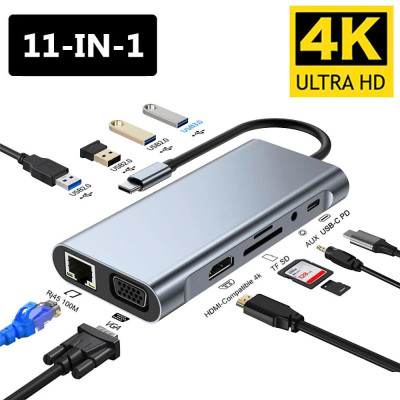 Hub Chuyển Đổi USB Type C - 11 in 1 - HDMI, USB 3.0, PD, SD, TF, RJ45, Audio 3.5mm USB 2.0 VGA - Tốc Độ Cao, Hàng Chính Hãng