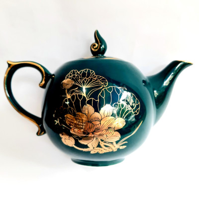 Bộ ấm chén Bát Tràng cao cấp phú quý Mallard màu xanh Arctic họa tiết hoa sen vẽ vàng 24k