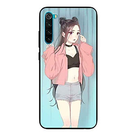 Ốp Lưng in cho Xiaomi Redmi Note 8 Mẫu Cô Gái Áo Hồng Nền Xanh - Hàng Chính Hãng