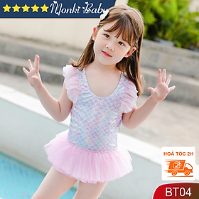 Đồ bơi công chúa tiên cá cho bé gái, dáng liền thân chân váy bồng & tay cánh tiên, hàng cao cấp bền đẹp, an toàn cho da trẻ em | BT04