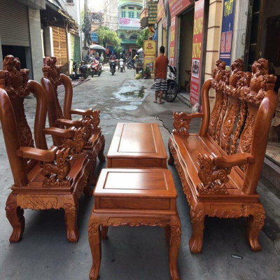 Bộ Bàn Ghế Tam Sư Nghê Ba Đầu Gỗ Gõ Đỏ