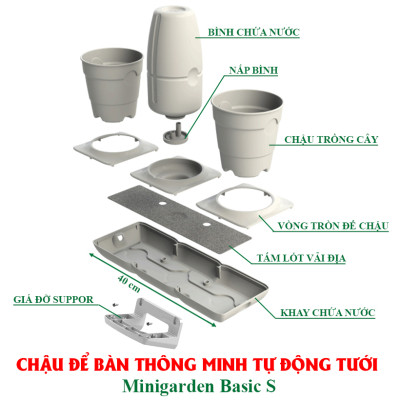 Chậu Để Bàn Thông Minh Tự Động Tưới và Tự động bón phân trong 2 tháng Minigarden Basic S Pots (1 bộ gồm 1 bình chứa nước, 2 chậu trồng và 3 túi dinh dưỡng). Phù hợp trồng cây trong gia đình, văn phòng với thiết kế gọn nhẹ, sang trọng và ít chăm sóc cây