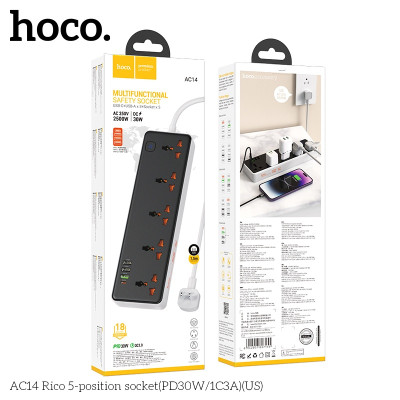 Ổ cắm điện cao cấp đa năng công suất cao 2500W, với 3 cổng USB và 1 cổng Type-c, 5 ổ cắm tiện lợi hỗ trợ sạc nhanh chống cháy, nổ AC14 - Hàng nhập khẩu (màu ngẫu nhiên)