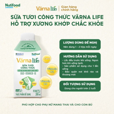 Thùng Thực phẩm bổ sung Värna Life sữa tươi công thức (Xanh) (12 Hộp x 200ml)