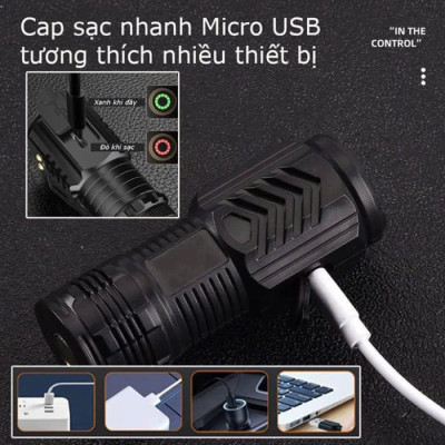 Đèn Pin Cầm Tay Siêu Sáng Mini Có Sạc USB Chiếu Xa 5 Chế Độ Sáng, Pin Trâu Chống Thấm Nước, Tiện Dụng – Hàng Nhập Khẩu
