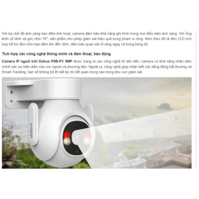 Camera IP PT hồng ngoại không dây 5.0 Megapixel DAHUA DH-P5B-PV - Hàng chính hãng