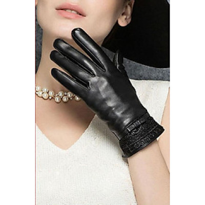 Găng tay nữ da cừu phối ren nữ tính - BHY8700 Bao tay da mùa đông, lót lông mềm, tích hợp cảm ứng.