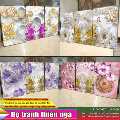 Bộ tranh treo tường 3 tấm trang trí phòng khách, phòng ngủ phong cách mỹ thuật hiện đại chất liệu cán pvc gương:4419L15S