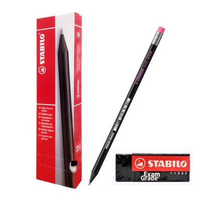 Hộp 12 cây bút chì gỗ STABILO Swano 2B thân đen + tẩy ER196E (PC4918/12-2B+) - Vàng