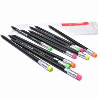 Hộp 12 cây bút chì gỗ STABILO Swano 2B thân đen + tẩy ER196E (PC4918/12-2B+) - Vàng