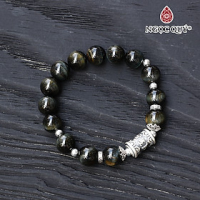 Vòng thạch anh mắt hổ xanh đen phối charm lục tự bạc mệnh thủy, mộc - Ngọc Quý Gemstones