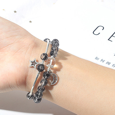Vòng 2 line đá thạch anh tóc đen phối charm trăng sao mệnh thủy, mộc - Ngọc Quý Gemstones