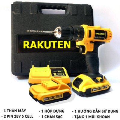 Bộ máy khoan pin RAKUTEN 24V  khoan tường, khoan sắt, khoan bê tông máy 2 pin, đảo chiều và mũi khoan