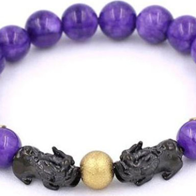 Vòng chuỗi đeo tay Đá Vân Rồng Tím size 8 ly, 10 ly, 12 ly - Vòng tay Tỳ Hưu Đôi inox đen VVRITHHEV8 - hợp mệnh Hỏa, mệnh Thổ