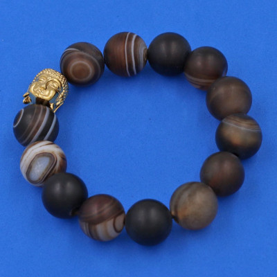 Vòng đeo tay mã não nâu sọc mờ 14 ly cẩn hạt Phật A Di Đà inox vàng VMNNSMNLV14 - hợp mệnh Kim, mệnh Thổ