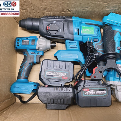 Bộ Combo 3 Máy Gồm Máy Khoan Đục Bê Tông, Máy Mài Và Máy Chuyên Vít Dùng Pin 199V 15 Cell, Động Cơ Không Chổi Than, Máy Khoan Siêu Khỏe - Bảo Hành 1 Năm