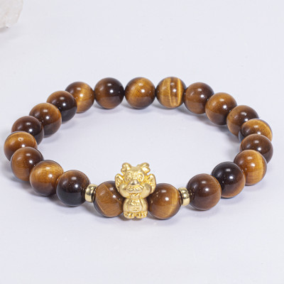 Vòng Tay Phong Thủy Đá Mắt Hổ Vàng Nâu Phối Charm Tuổi Thìn Bạc Mạ Vàng 24K (8mm) Mệnh Thổ, Kim Ngọc Quý Gemstones