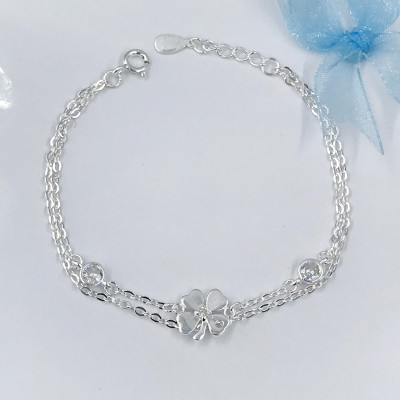 Vòng Tay Nữ Bạc 925 Dây Kép Cỏ 4 Lá May Mắn Đính Đá Cao Cấp BẠC HIỂU MINH LTU552