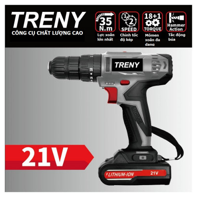 Bộ khoan điện cầm tay chất lượng cao Treny 21V chính hãng – kèm bộ dụng cụ 23 món và bộ sạc - lực xoắn 35N.m -  chuyên khoan tường, khoan gỗ, khoan sắt và khoan bê tông.