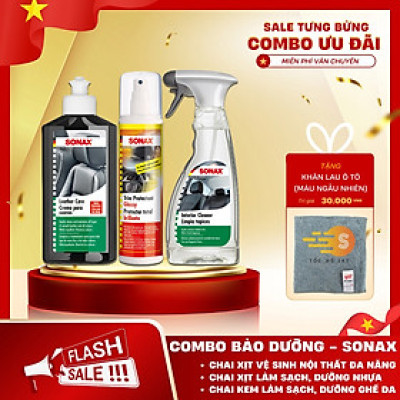 Bộ 3 món bảo dưỡng nội thất xe bao gồm vệ sinh nội thất đa năng, vệ sinh nhựa và làm sạch, dưỡng ghế da Sonax SO-CBNT - Tặng kèm khăn lau ô tô chuyên dụng