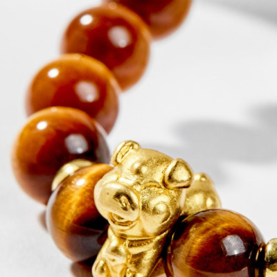 Vòng Tay Phong Thủy Đá Mắt Hổ Vàng Nâu Phối Charm Tuổi Hợi Bạc Mạ Vàng 24K (8mm) Mệnh Thổ, Kim Ngọc Quý Gemstones