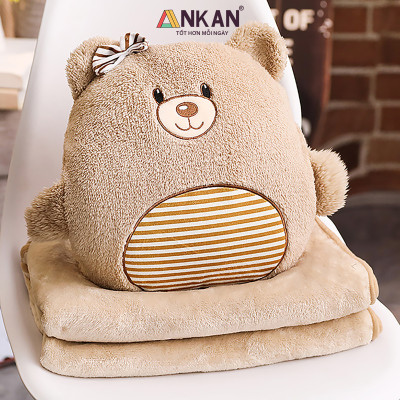 Bộ Chăn Gối Văn Phòng 3 Trong 1 Kiểu Gấu Nâu Độc Đáo Dùng Để Ngủ Trưa Tại Văn Phòng, Tựa Lưng Và Gấu Bông Dùng Để Trang Trí
