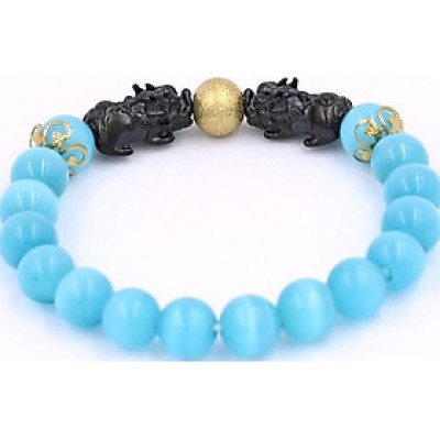 Vòng đeo tay Đá Mắt Mèo Xanh Da Trời size 8 ly, 10 ly, 12 ly - Vòng tay Tỳ Hưu Đôi inox đen VMMXBTHHEV8 - hợp mệnh Mộc, mệnh Thủy