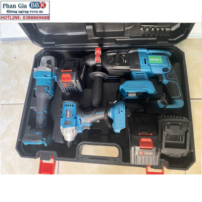 Bộ Combo 3 Trong 1 Gồm Máy Khoan Đục Bê Tông, Máy Mài Và Máy Siết Bulong Dùng Pin 199V, 2 Pin 15 Cell, Động Cơ Không Chổi Than 100% Lõi Đồng (Tặng Hộp Đựng)
