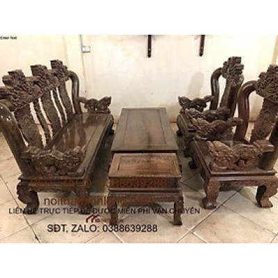 Bộ Bàn Ghế Tam Sư Nghê Ba Đầu Gỗ Mun Đuôi Công