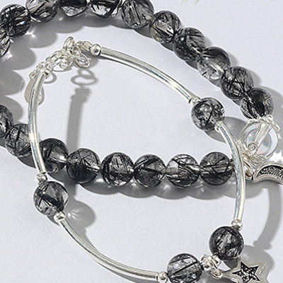Vòng 2 line đá thạch anh tóc đen phối charm trăng sao mệnh thủy, mộc - Ngọc Quý Gemstones