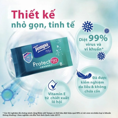 Combo 3 Lốc Khăn Ướt Mini Tempo Protect Ngăn Ngừa Vi Khuẩn (Lốc 6 Gói)
