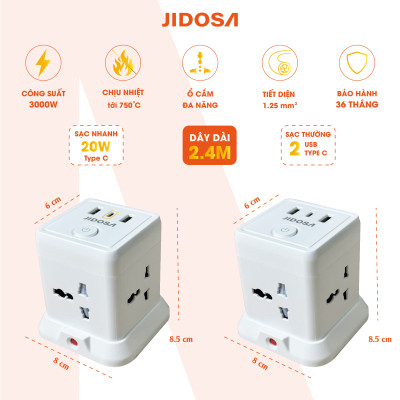 Ổ Cắm Điện JIDOSA Tích Hợp Ổ USB Và Type C Hình Tháp Đa Năng Công suất 3000w Thiết Kế Thông Minh