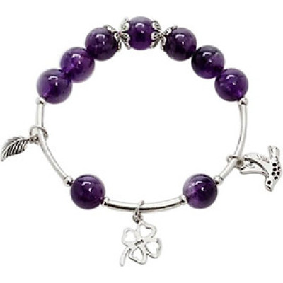 Vòng Đá Thạch Anh Tím Mix Charm Bạc 925 Cỏ 4 Lá 10mm Ngọc Quý Gemstones VT171