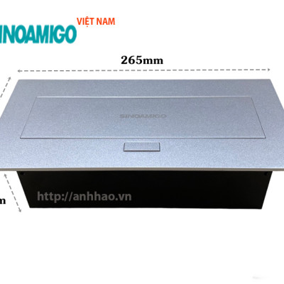 Ổ điện âm bàn họp Sinoamigo STS-212GST-1. Chất liệu hợp kim màu bạc. Tích hợp 3 ổ điện, 1 USB sạc 5V-2.1A - Hàng chính hãng