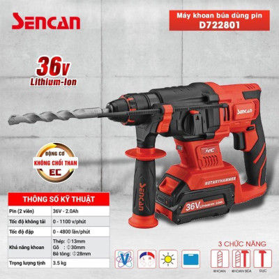 MÁY KHOAN BÚA DÙNG PIN 3 CHỨC NĂNG (36V/2AH) D722801 SENCAN - HÀNG CHÍNH HÃNG